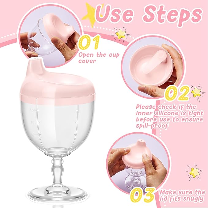 Irenare 1 Pcs Baby Wine Sippy Cup Plastic Goblet Cup No Spill Wine Glass Baby Sippy Goblet Glass Beverage Mug Milk Bottle with Lid for Kids (Pink)