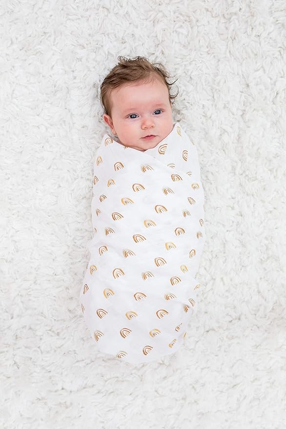 Lulujo Baby Swaddle Blankets | Unisex Softest Breathable Cotton Muslin Swaddle Blanket Set | Neutral Receiving Blanket for Girls & Boys | 40in x 40in | Rainbows & Suns | 2-Count
