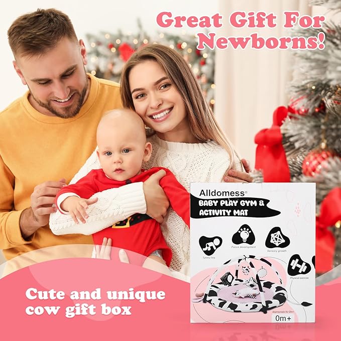 Pink Cow Baby Play Gym & Tummy Time Mat with 6 Sensory Toys - Extra Large Thick Soft Floor Play Mat for Newborn Infants 0-12 Months - Nursery Essential Gift