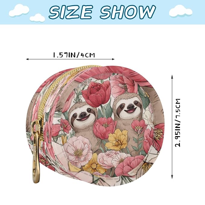 Pacifier Holder with Clip Pacifier Case for Diaper Bag Round Baby Pacifier Pouch Box Bag Portable Spring Flowers Sloths Pink