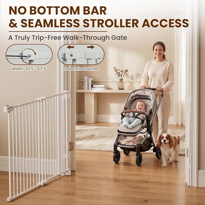 Mumeasy 30" Tall Baby Gate for Stairs, 36.2-55.1" Expandable Hardware Mounted (Drill Needed), Removable No Bottom Bar Dog Gate, Auto Close Wide Walk Thru Safety Gate for Doorways, Pets& Toddlers,White