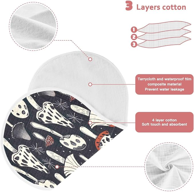 Mushrooms Black Muslin Baby Burp Cloths - Super Absorbent and Soft Burping Rags - Cotton Burp Clothes Set for Boys and Girls, 4 Pack