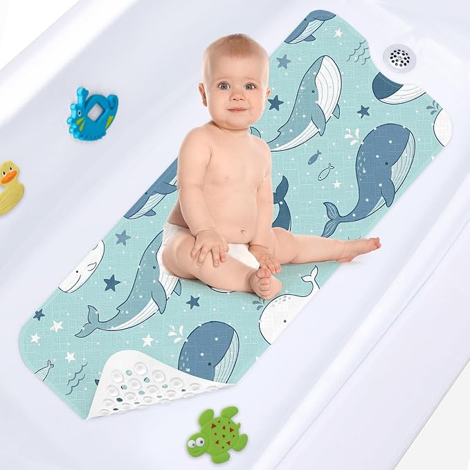 Whale Ocean Bathtub Shower Mat Cute Star Non-Slip Tub Extra Long Bath Floor 40X16 Inch Machine Washable for Bathroom Tub Bath Mat for Toddler and Baby