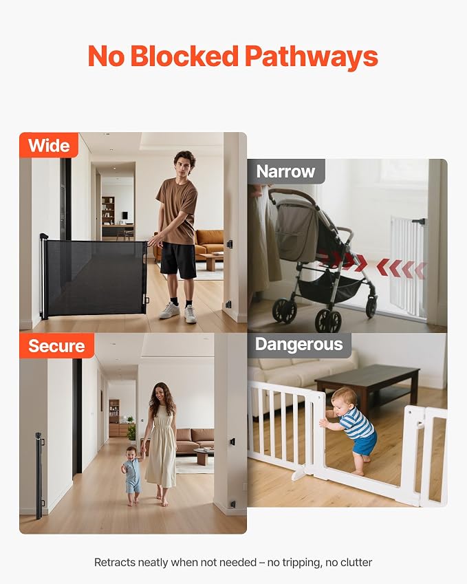 VEVOR Retractable Baby Gate, Extends to 72.8 inch Wide, 31.3 inch Tall, with Security Lock, Easy to Use, Walk Through Without Tripping, Mesh Dog Gate for Stairs, Hallways, Indoor/Outdoor, Black