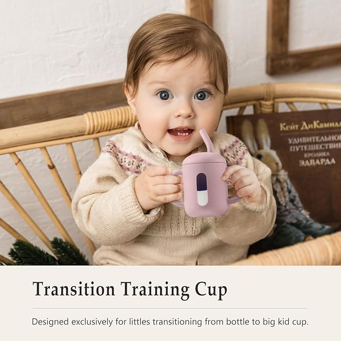 CLYMENE Silicone Training Cup with Straw & Handles | Baby Sippy Cup | Water Drinking Cup for Infants and Toddlers 6 Months+, 6 oz, Blush