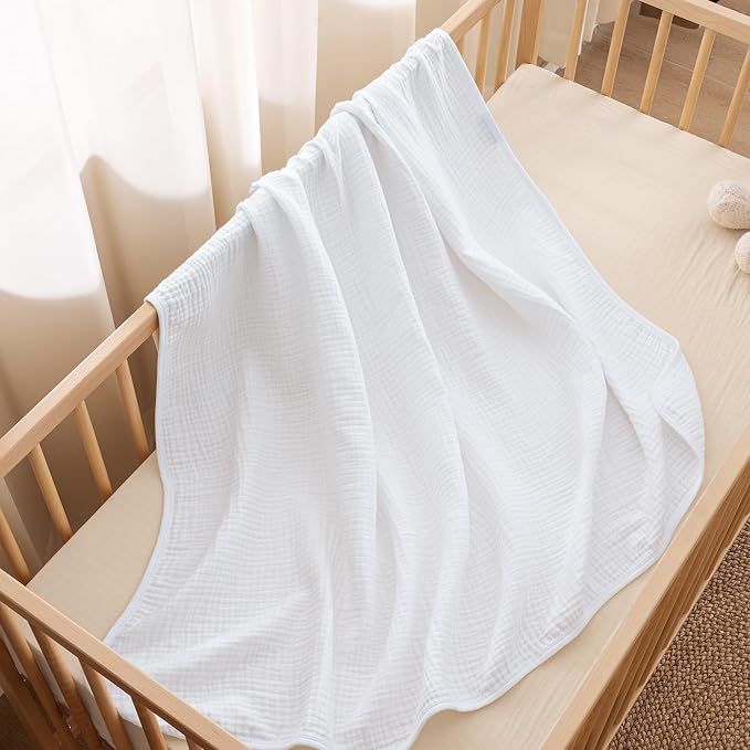 PHF Baby Muslin Swaddle Blanket, 100% Cotton Soft Breathable Receiving Blankets for Boys and Girls, 4-Layer Swaddle Wrap Burping Clothes, Baby Essentials, Large 47 x 47 inches, White