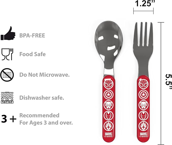 Zak Designs 5-Piece Dinnerware Set, Marvel Universe - Durable Plastic & Stainless Steel - Includes Water Bottle, 8-Inch Plate, 6-Inch Bowl, Fork & Spoon - Suitable for Kids Ages 3+