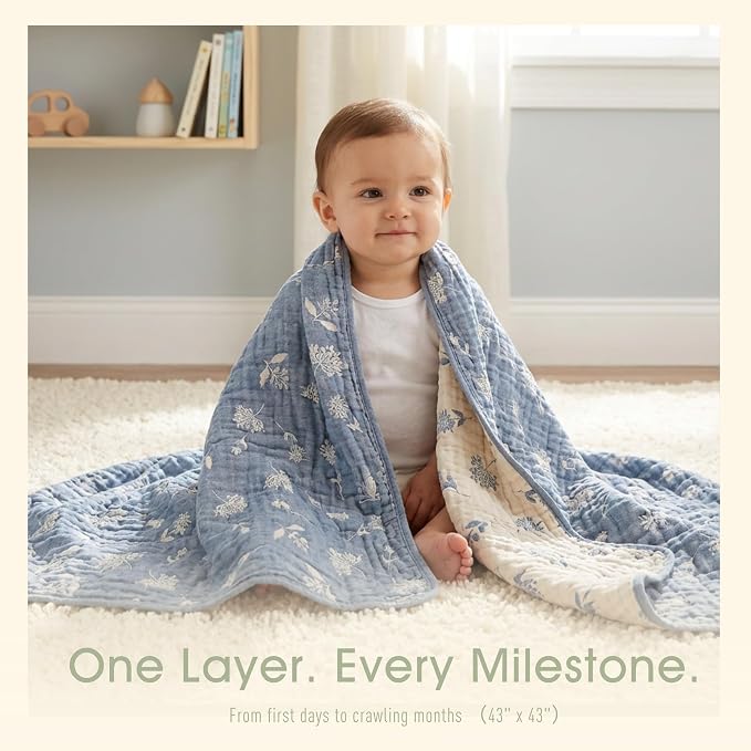 6-Layer Muslin Baby Blanket - Made with Organic Cotton, Earthy Botanicals Jacquard Swaddle & Crib Quilt, 43" x 43" (Navy Blue Floral)