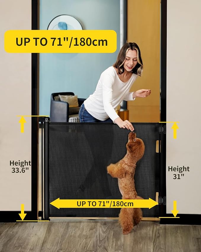 Retractable Baby Gate,Mesh Baby Gate or Mesh Dog Gate,33" Tall,Extends up to 71" Wide,Child Safety Gate for Doorways,Stairs,Hallways,Indoor/Outdoor（Black,33"x71"）