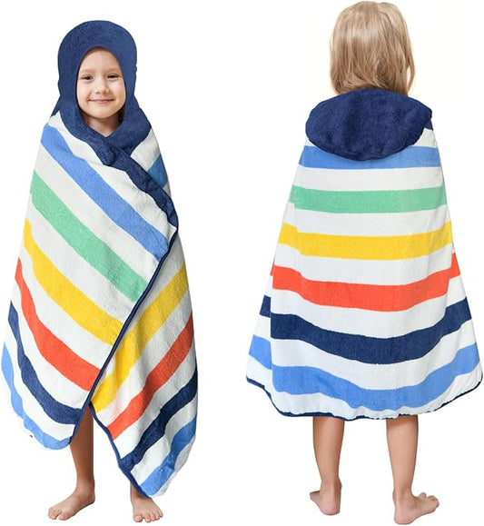 Style Quarters 100% Cotton Kids Hooded Bath Towel with Colorful Stripe Design - Large 50"x24" Soft Terry Toddler Beach Towel, Rainbow Hooded Towel for Boys & Girls (Rainbow)