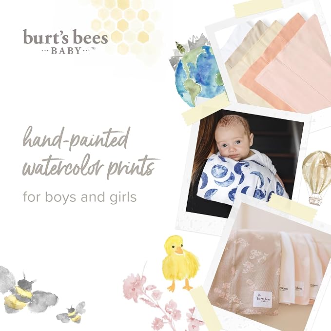 Burt's Bees Baby Burp Cloths, 100% Organic Cotton Extra Absorbent Soft Fabric, Large Drool Cloths 17 x 11.75 in, 5-Pack
