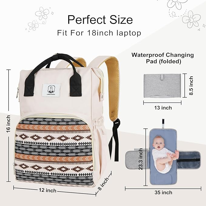 Western Diaper Bag with Changing Pad, Large Baby Bags Backpack with Stroller Straps & Insulated Pockets, Multifunction Waterproof Travel Diapers Back pack for Women & Man, Boho