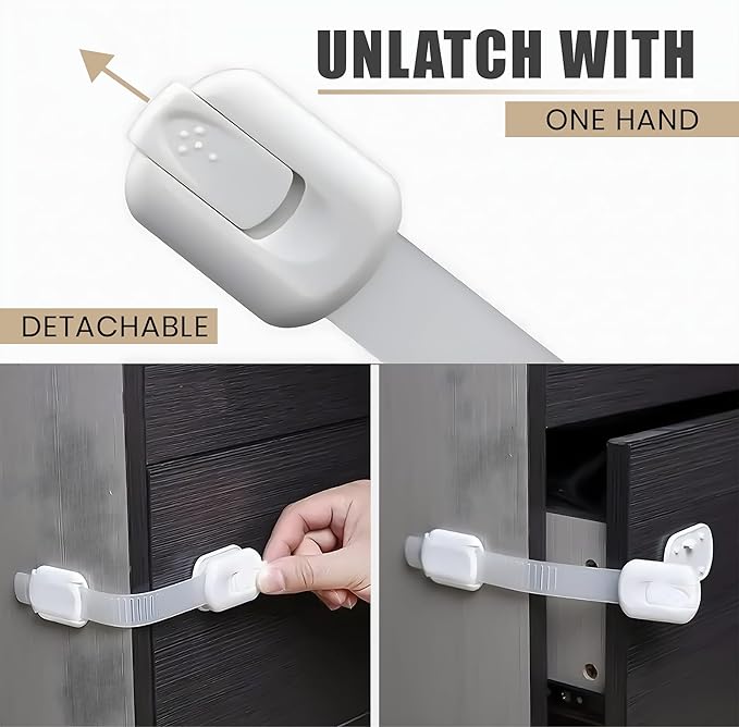 6 Pack Child Proof Cabinet Locks - No Screws & Magnets Needed - Cabinet Locks Baby Proofing with Strong 3M Adhesive Latches for Drawers, Furniture, Ovens, Toilet Seats, Trash Cans, Microwaves (White)
