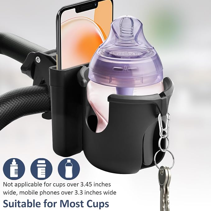 Universal Stroller Cup Holder with Phone Holder, 360°Rotatable Bottle Holder with Strong Clip, Accessories for Stroller, Bike, Wheelchair, Walker, Scooter (UM-SCH-B2410, Large)