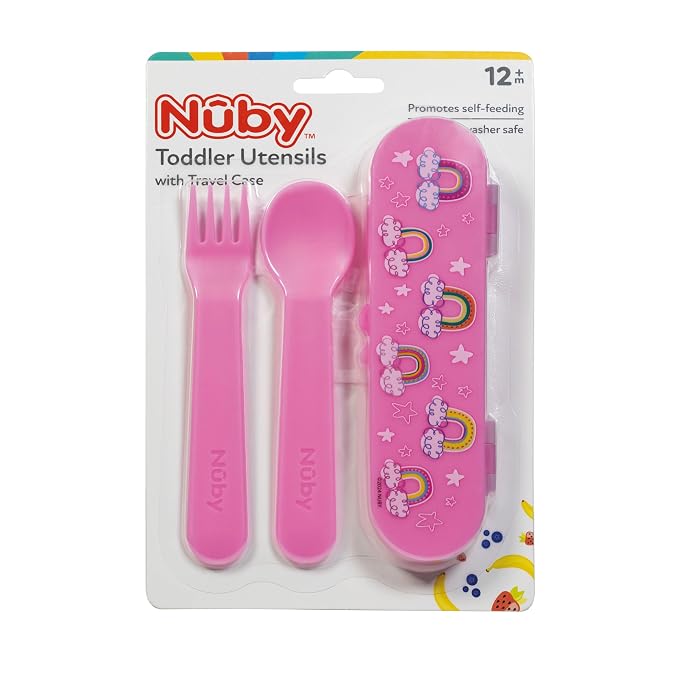 Nuby Toddler Utensils with Travel Case - Self-Feeding Fork & Spoon Set for Kids - Easy-to-Hold Training Utensils with Rounded Safe Edges for Independent Mealtime - Rainbows
