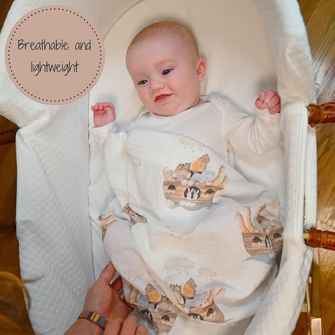 LollyBanks Muslin Swaddle Blankets 2PACK, 100% Cotton Baby Blanket 47 x 47 Inches, Large Baby Swaddle Breathable, Muslin Blankets for Boys and Girls (Child of God and Noah's Ark Print)