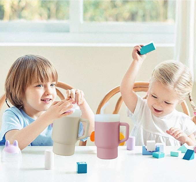 PandaEar 2 Pack Kids Tumbler Silicone Toddler Cup with Straw and Handle, 9.5oz Spill-Proof Training Cup for Baby, BPA-Free, Easy to Clean -Grey/Pink