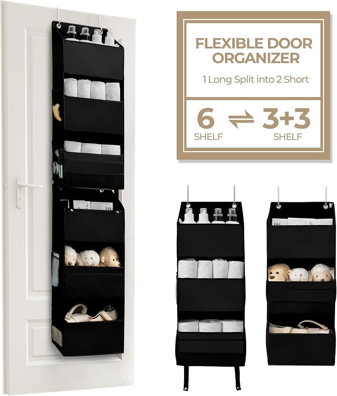 GRANNY SAYS Back of Door Organizer, 6-Shelf Detachable Over the Door Baby Organizer with 8 Pockets, Anti Tilt 40lb Large Capacity Hanging Diaper Storage for Nursery, Bedroom, Kids Room, Black