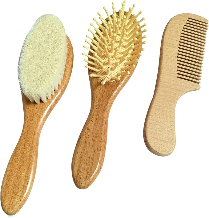 3 Piece Baby Hair Brush and Comb Set for Newborn & Toddlers- Natural Wooden Hairbrush with Soft Goat Bristles for Cradle Cap - Perfect Scalp Grooming Product for Infant, Toddler, Kids, Baby