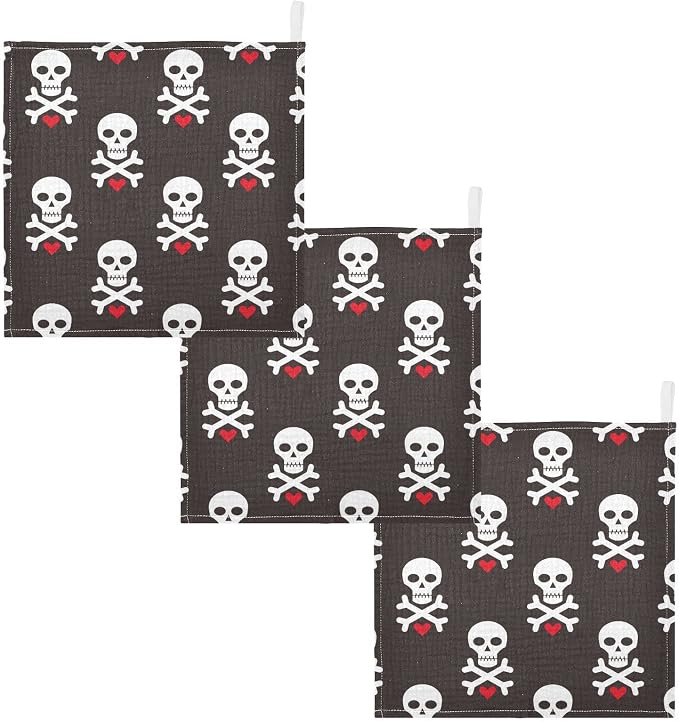 Baby Washcloths Cotton Skull Red Heart Baby Muslin Washcloths Soft Baby Face Towel for Newborn Infants Baby Wipes, 11.8 X 11.8 Inch, 3 Pack