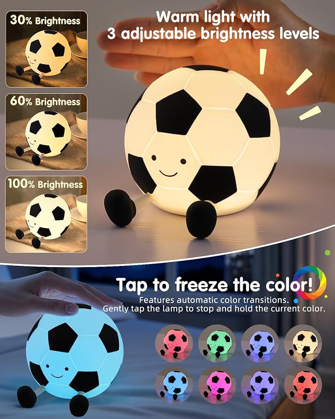 YISUN Soccer Silicone Night Light for Kid, Rechargeable Night Lights with 7 Colors & Timer, Cute Squishy Lamp for Boys Girls Christmas Gifts, Dimmable LED Light Room Decor Toys