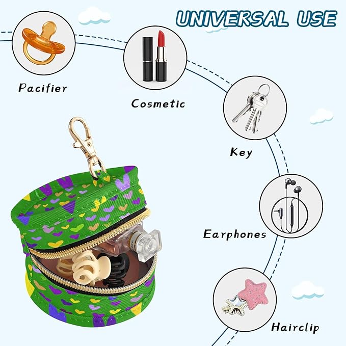 Pacifier Holder with Clip Pacifier Case for Diaper Bag Round Baby Pacifier Pouch Box Bag Portable Green Shrove Tuesday Hearts