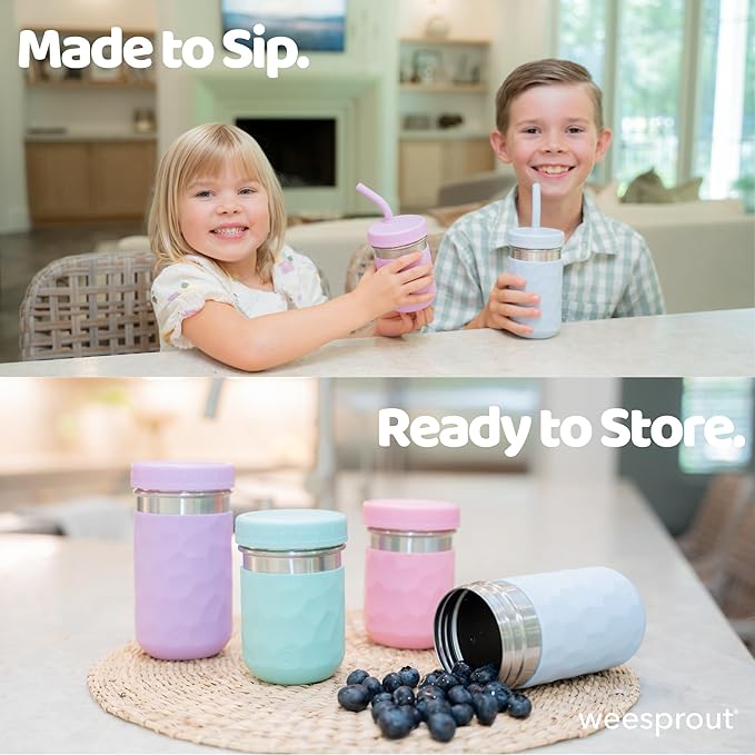 WeeSprout 2-in-1 Drinking Cups for Kids, Durable Stainless Steel Tumbler for Smoothies, Silicone Straws with Stoppers, Premium Plastic Twist Lids, Easy-Grip Sleeves, Set of 4 Dishwasher Safe Kid Cups