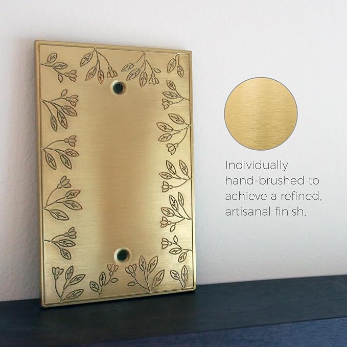 Rio Salto Metal Floral Decorative Wall Plate Blank Light Switch Cover Plate Outlet Covers Flower Wall Plates for Unused Outlets Child Toddler Baby Safe Device Safety Brushed Brass, 1-Gang Blank