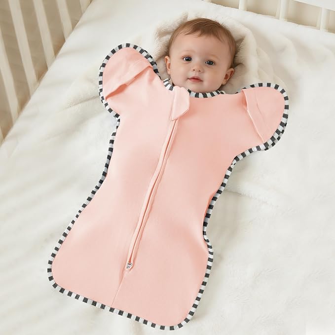 Soft Cotton Swaddle Blanket, Arms Up Baby Sleep Sack, Wearable Sleep Bag for Boys Girls (Pink + Beige, M(3-6 Months))