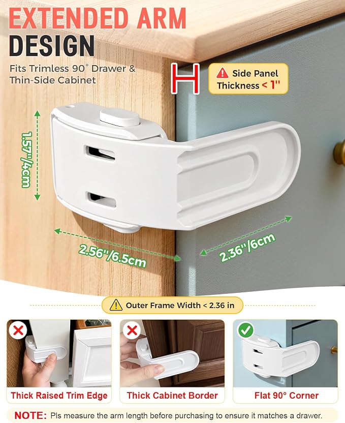 Maveek Baby Safety Drawer Lock - 4 Pcs Upgraded Baby Proofing Locks, One Hand Operation Infant Latches For Corner Drawers, Kitchen Cabinets, No Drill Child Proofing Kit (White)