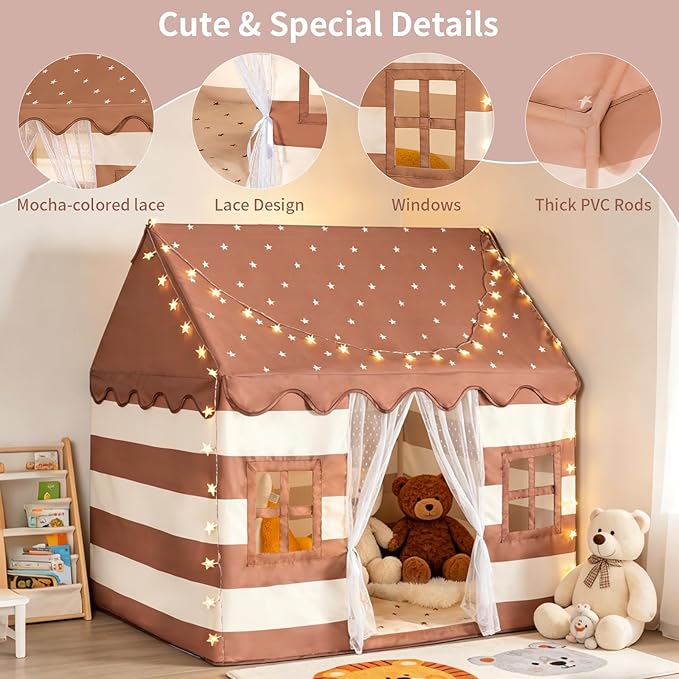 Large Kids Tent Indoor with Padded Mat & Star Lights, Playhouse for Ages 3-8, Play Tent Indoor Outdoor, Reading Nook, Role Play Kids Toys, Toddler Tent for Boys Girls Birthday Gift