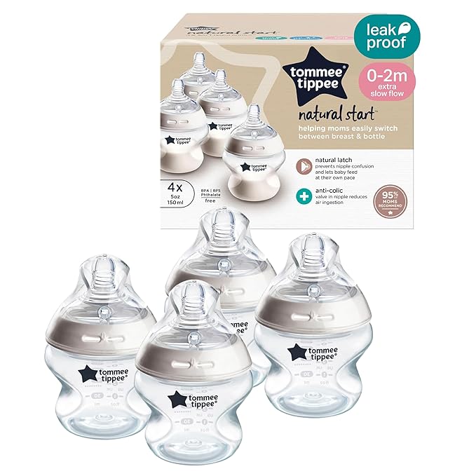 Tommee Tippee Natural Start Anti-Colic 5 oz BPA Free Baby Bottles, 0+ Months, Slow Flow Breast-Like Nipple, Self Sterilizing, Designed for Seamless Transition Between Bottle and Breast, Pack of 4
