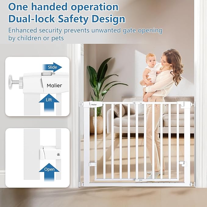 Malier Large Walk-Thru Door Baby Gate, 29-40" No Drill Pressure Mounted Dog Gate with Auto Close, Safety Gate Pet Gate for Stairs, Doorways, Child and Dogs Indoor (White, 29''- 40''W × 30''H)