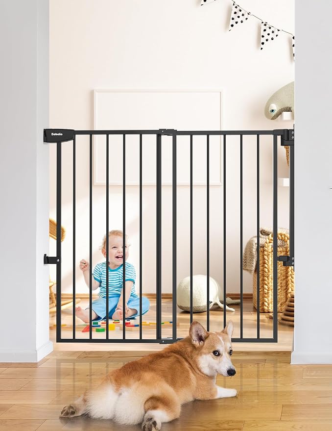 Babelio 34" Tall No Bottom Bar Baby/Dog Gate for Stairs, House and Doorways, 29.7-46.5" Auto Close Safety Pet Gates with Large Walk Thru Door, Hardware Mount, Black