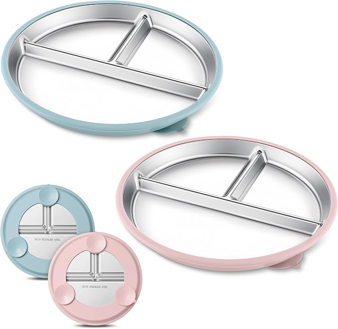 HaWare 2 Pack Stainless Steel Baby Suction Plates, 9 Inch Divided Toddler Plate with Removable Silicone Sleeves, Non Toxic & BPA Free Kids Feeding Set, Dishwasher Safe (Blue/Pink)