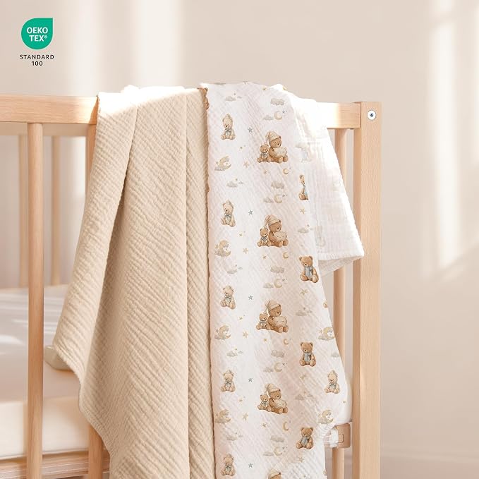 lulumoon Muslin Swaddle Blankets for Baby: Soft Cotton Newborn Receiving Blankets - Plaid Print Nursery Gift Set for Baby Girls(Bear)