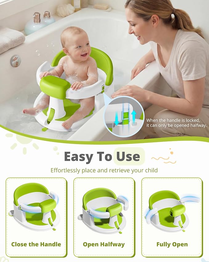 ONTHEWEI Baby Bath Seats for Babies Sitting Up, Non-Slip Baby Bathtub with 3 Suction Cups, Safe & Comfortable Toddler Bath Seat Ideal for Baby Bath/Shower Support, Stable Design, Ice Green