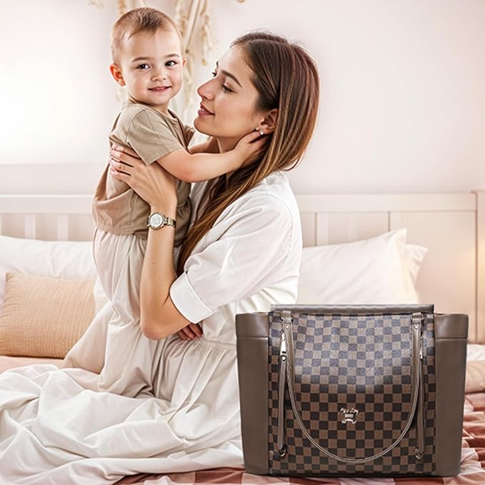 miss fong Checkered Diaper Bag Tote Leather Diaper Bag Backpack, Large Capacity Mommy Bag Hospital Bag, 12 Pockets Travel Diaper Tote with Changing Pad for Mom Plaid Tote Bag for Women-Coffee