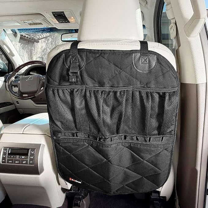 4Knines Car Seat Back Organizer – Heavy-Duty Kick Mat w/Mesh Storage Pockets, Bottle Hook – UV-Resistant Hardware – Waterproof Backseat Organizer for Kids & Pets – Fits SUVs, Trucks, Cars – Black
