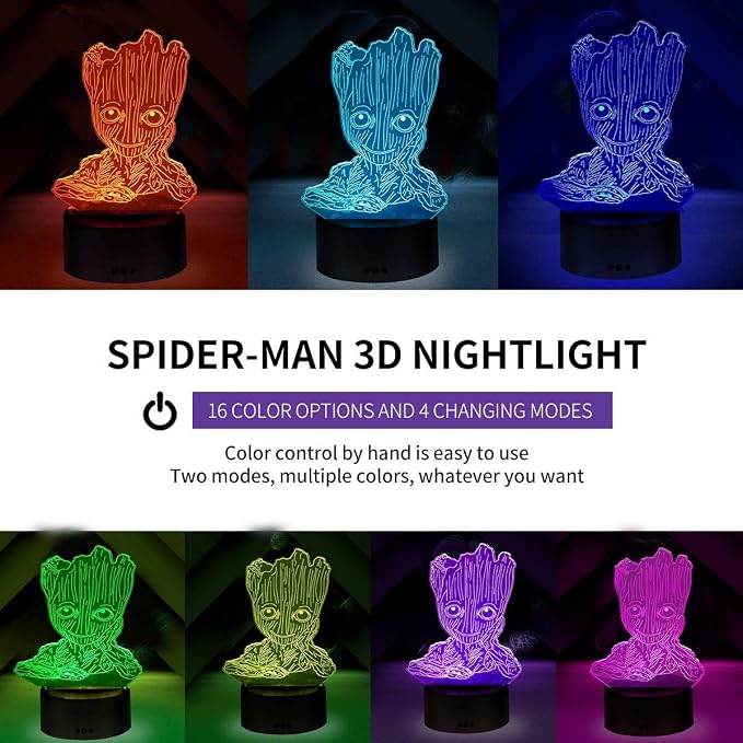 Groot 3D Night Light,Kids 7 Color Touching Decor Table Light,Optical Illusion 16 Colors Change with Remote Control Birthday Gifts for Baby Amazing Light (A 16 Color with RF)