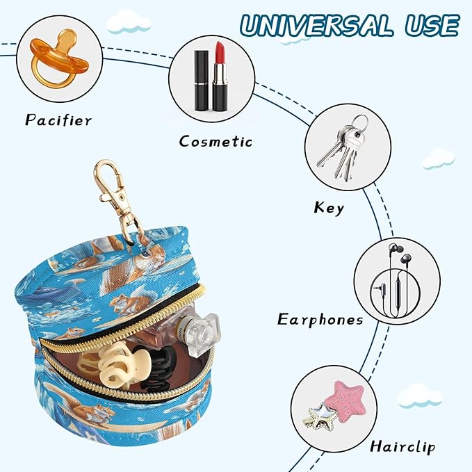 Pacifier Holder with Clip Pacifier Case for Diaper Bag Round Baby Pacifier Pouch Box Bag Portable Blue Squirrel Surfing
