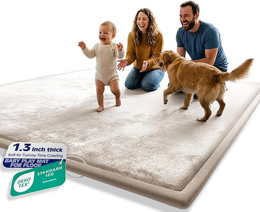 AEOCOO 60x80 Thick Baby Play Mat for Floor, 1.3" Memory Foam Infant Tummy Time Mat, Extra Large Soft Nursery Rug for Babies & Toddler, Anti-Slip Cushioned Crawling Rug for Living Room, Beige