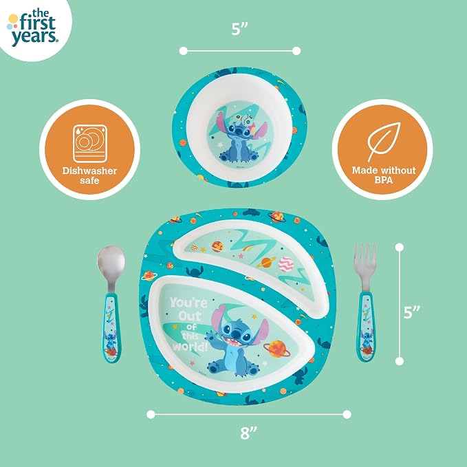 The First Years Disney Stitch Toddler Dinnerware Set - Officially Licensed 4-Piece Feeding Set with Bowl, Plate, Fork, and Spoon - Dishwasher Safe Toddler Feeding Supplies - Ages 9 Months and Up