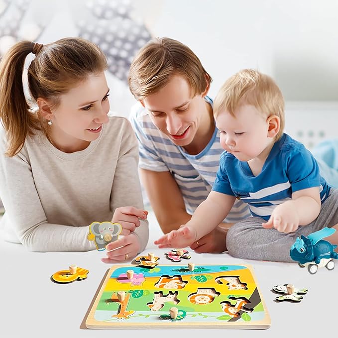 Wooden Puzzles for Toddler Peg Puzzle Toys, Wooden Jigsaw Puzzles Zoo Animal Patterns Puzzle with Handles Educational Montessori Puzzles