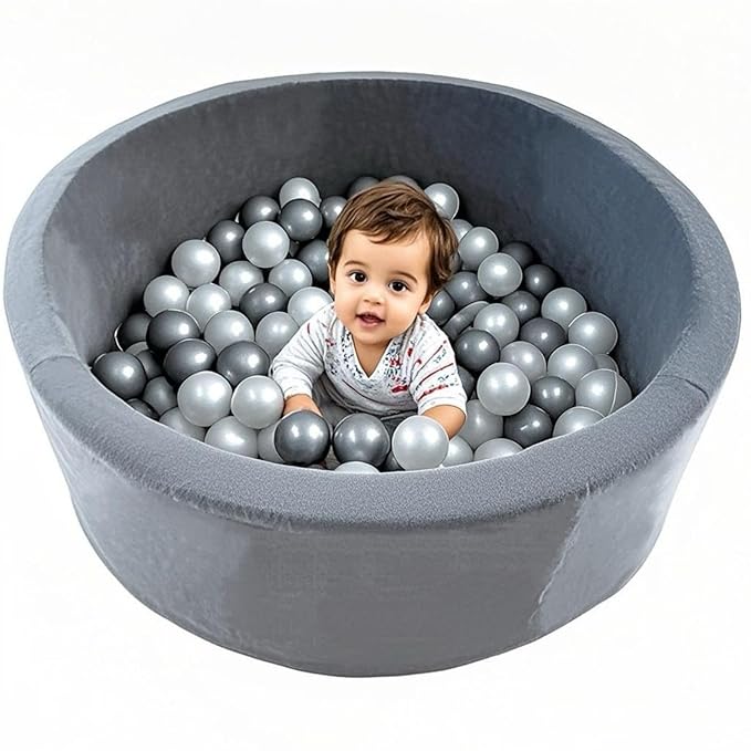 Foam Ball Pit for Toddlers - 36.5" x 13.2" Toddler Ball Pit (Includes 150 Balls),100% Cotton Cover & High-Resilience Memory Foam, Machine Washable, Foldable for Indoor/Outdoor (Grey)