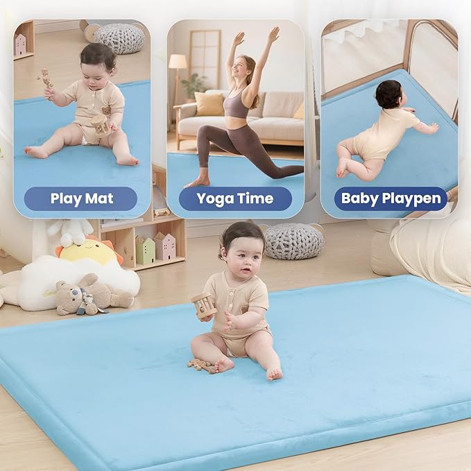 Baby Play Mat for Floor,1.3" Thick Memory Foam Tummy Time Mat,Soft Coral Velvet Nursery Rug,Large Non Slip for Crawling,Toddlers,Infants,Kids,Yoga & Tatami Style for Living Room(Light Blue)