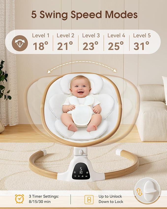 Baby Swings for Infants, Electric Infant Swing with 5 Speed Modes, 5-Point Harness, 3 Timer Settings, Built-in Lullabies & Bluetooth, Portable Modern Swing for Indoor & Outdoor (White)