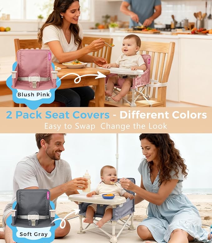 Portable Baby Chair, Baby Beach Chair with 2-Pack Interchangeable Seat Covers, Portable Booster Seat with Tray & Travel Bag, Compact Foldable, Easy-Swap Colors, Perfect for Travel