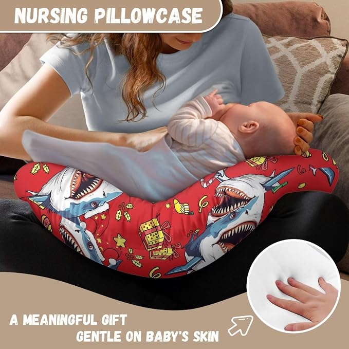 Christmas Sharks Nursing Pillow Cover with Hidden Zipper Skin-Friendly Dustproof Baby Nursing Pillowcase for Bottle & Breastfeeding Pillows, Red Christmas Decor
