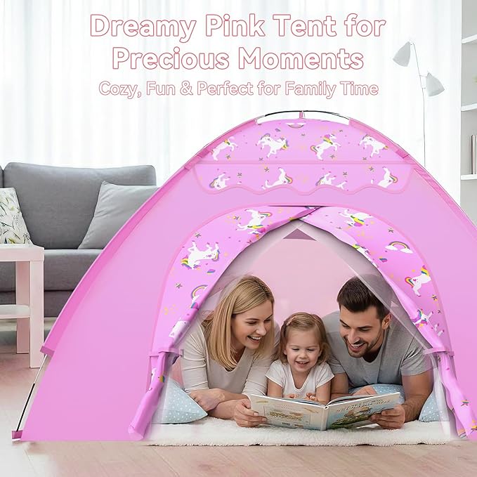AFUNX Unicorn Play Tent for Girls Ages 4??, Extra Large Kids Indoor Play Tent 70" L x 45" W x 43" H, Lavender Pink Foldable Tent with Rainbow & Unicorn Print, Easy Setup, Fits 2?? Kids